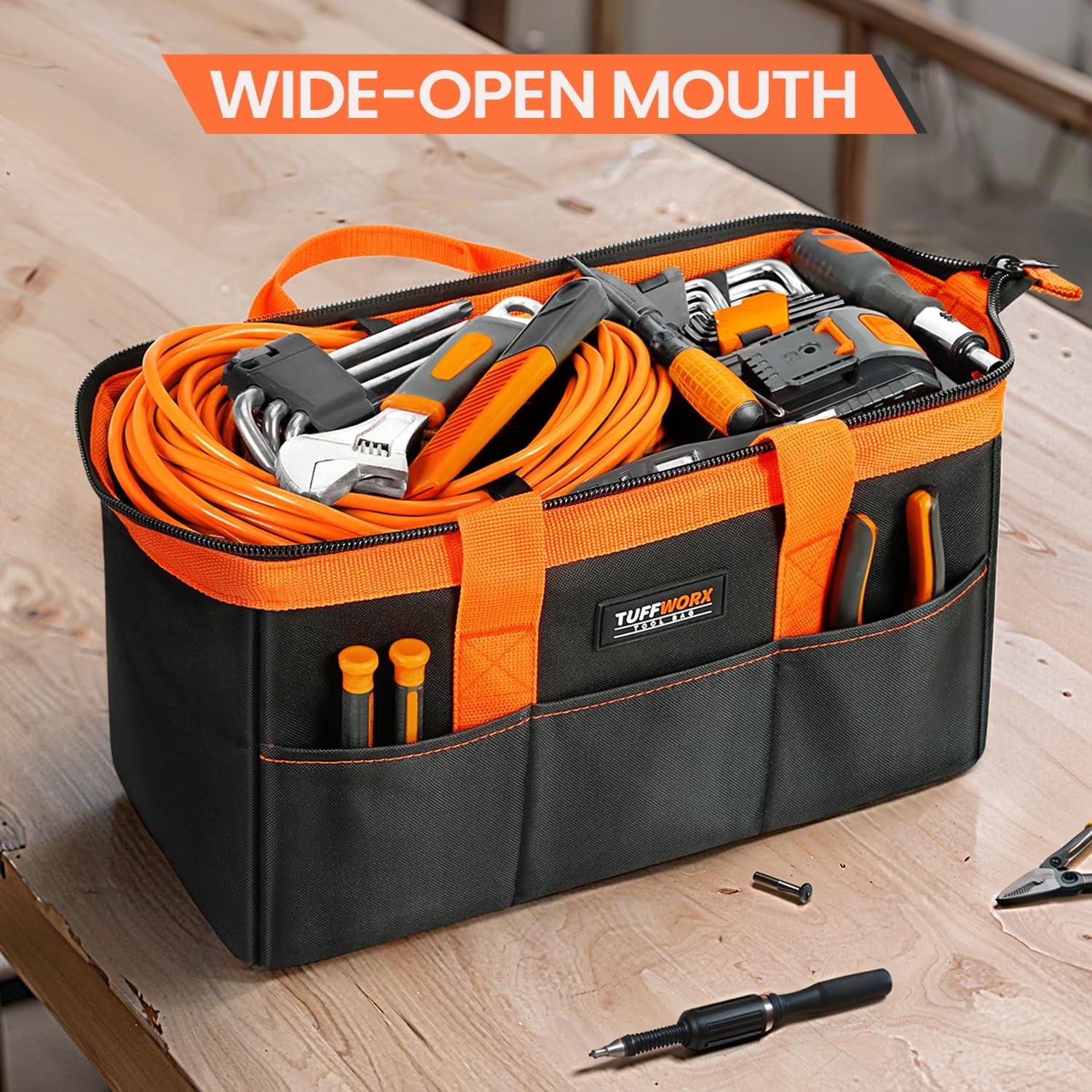 14 inch Tool Bag, Black, Orange, 600D Polyester, Heavy Duty Storage Organizer