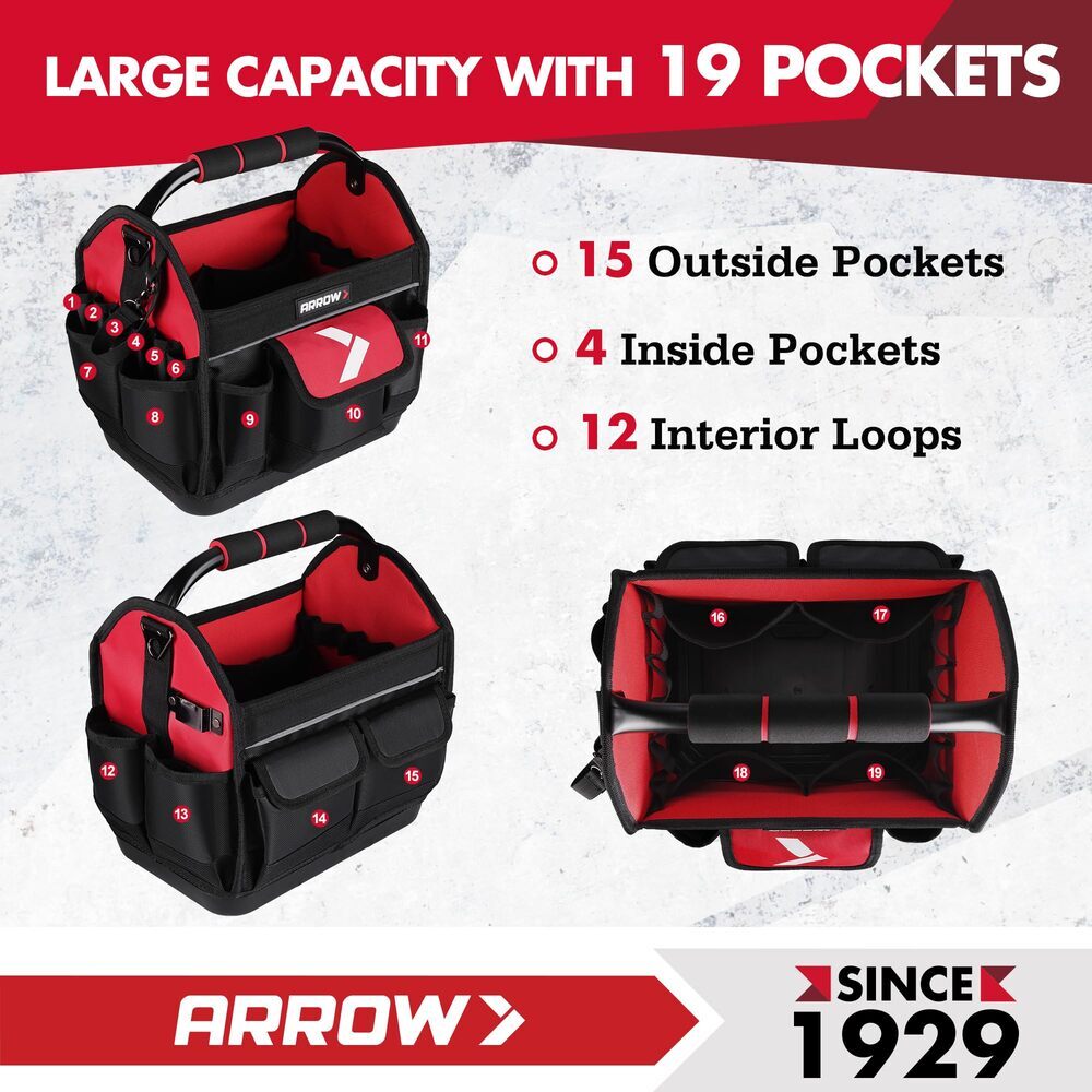 ARROW 12″ Tool Tote Hard Base Electrician Tool Bag Open Top Tool Bag w/19 Pocket