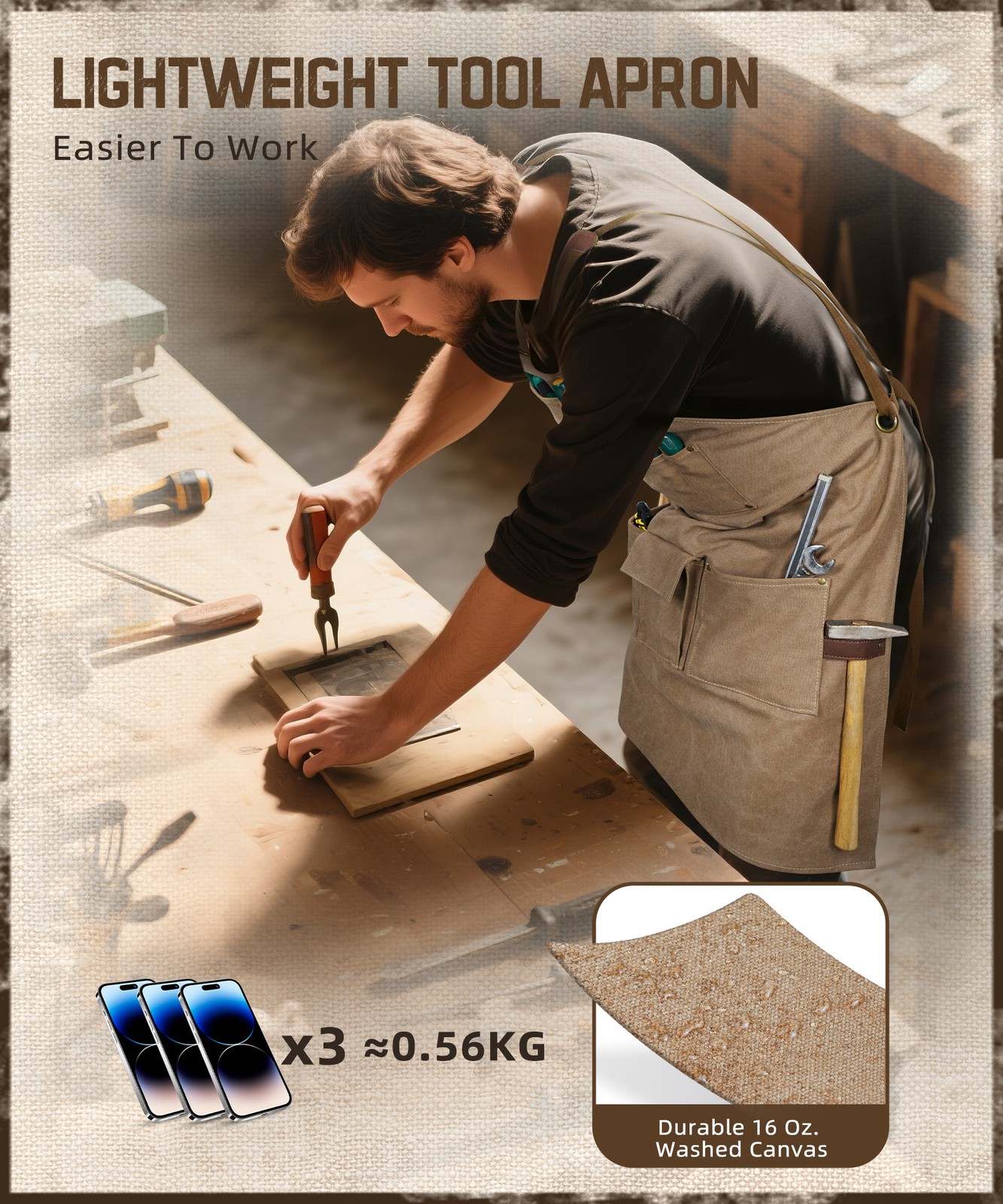 Durable Working Workshop Bib Apron For Carpenter Electrician With 9 Tool Pockets