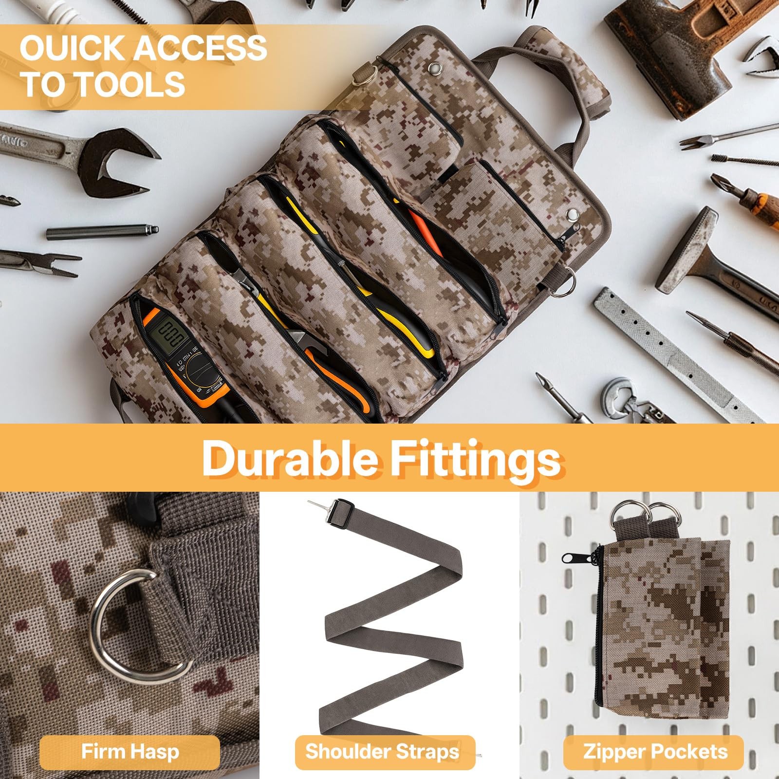 Roll Up Tool Bag Heavy Duty Portable Organizer 4 Pouches 2 Zipper Camo