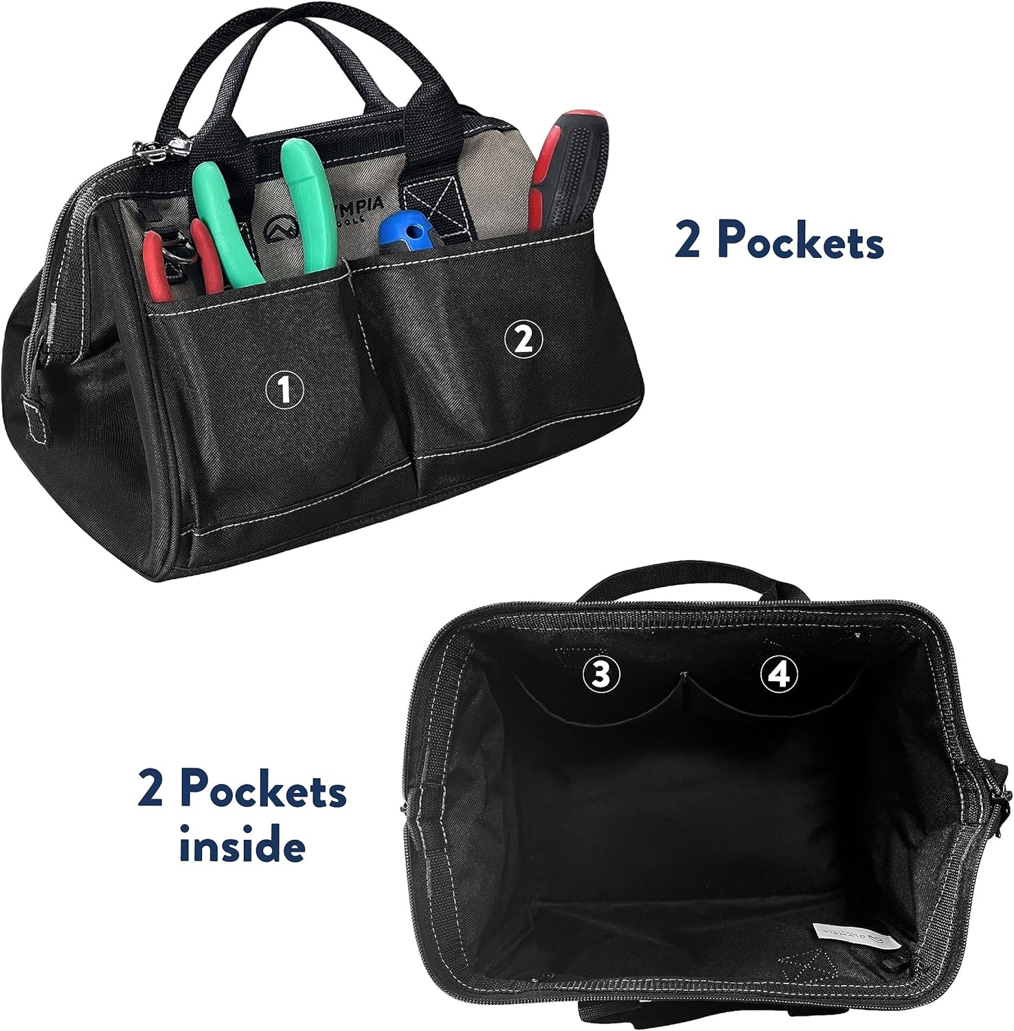 Olympia Tools Bag 12 Inch, Heavy Duty with 4 Large 12-Inch, Black
