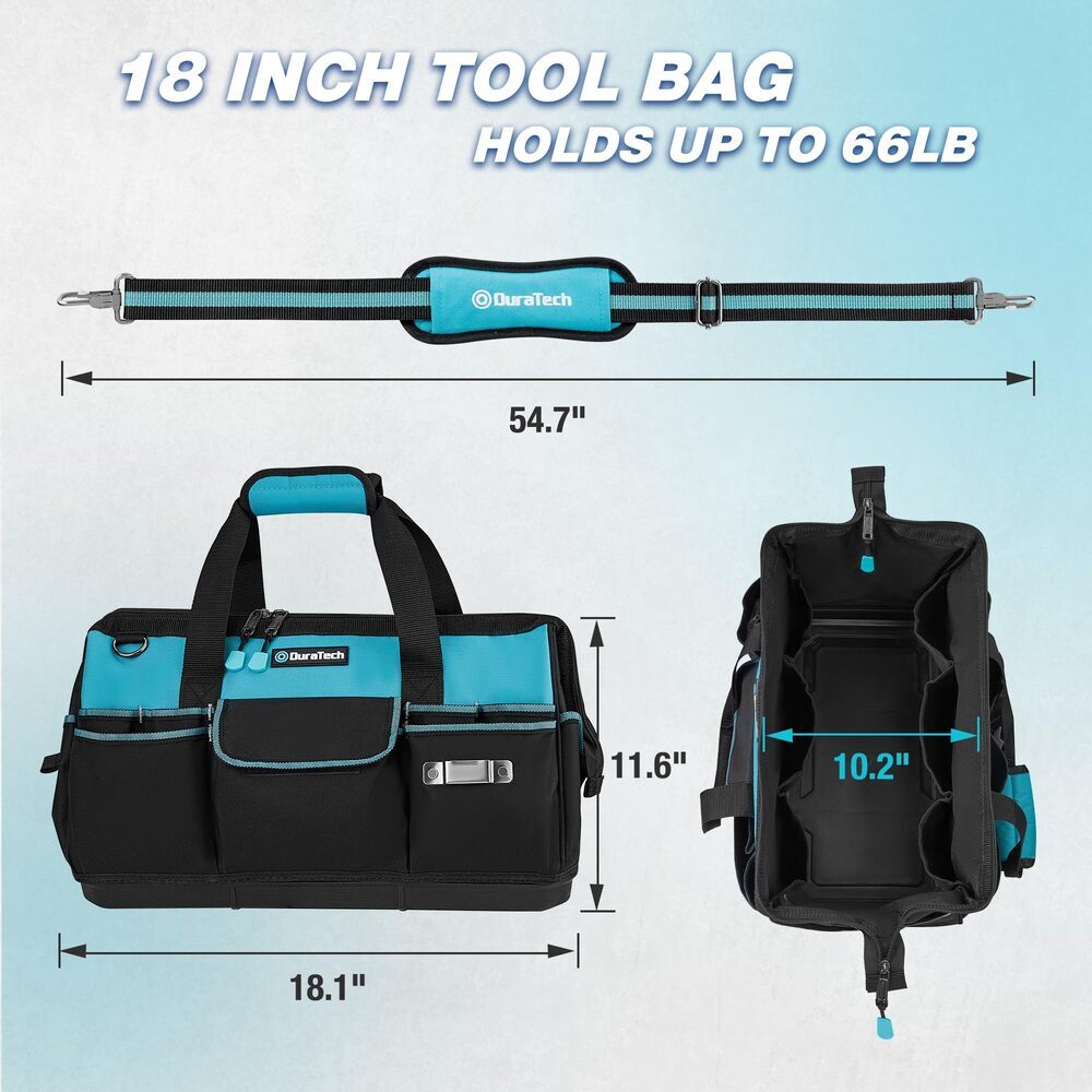 DURATECH 18″ Large Heavy Duty Tool Bag w/Zipper Waterproof Hard Bottom 19 Pocket