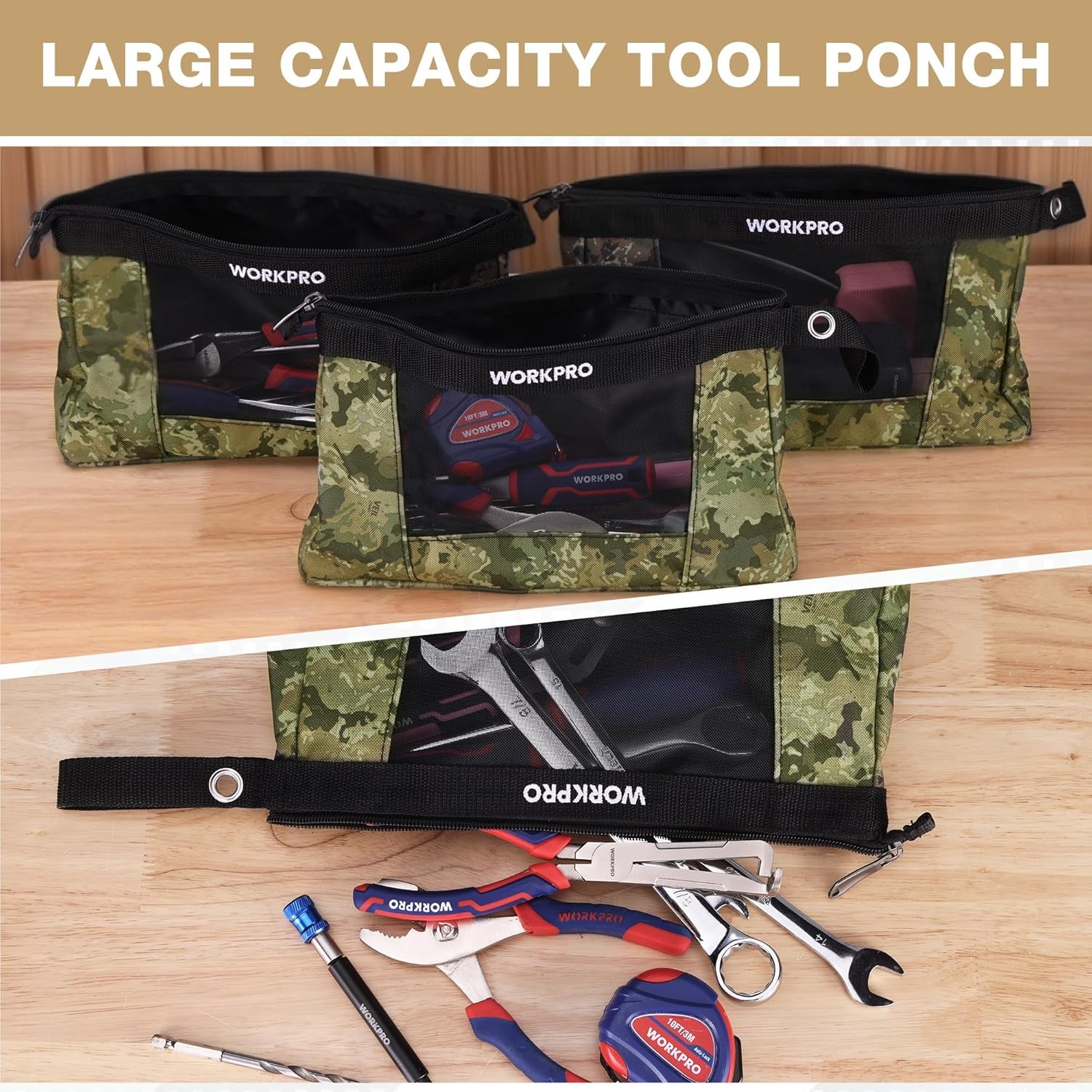 WORKPRO 3 Pcs 12″ Heavy-Duty Utility Tool Pouches Tool Bag Organizer with Zipper