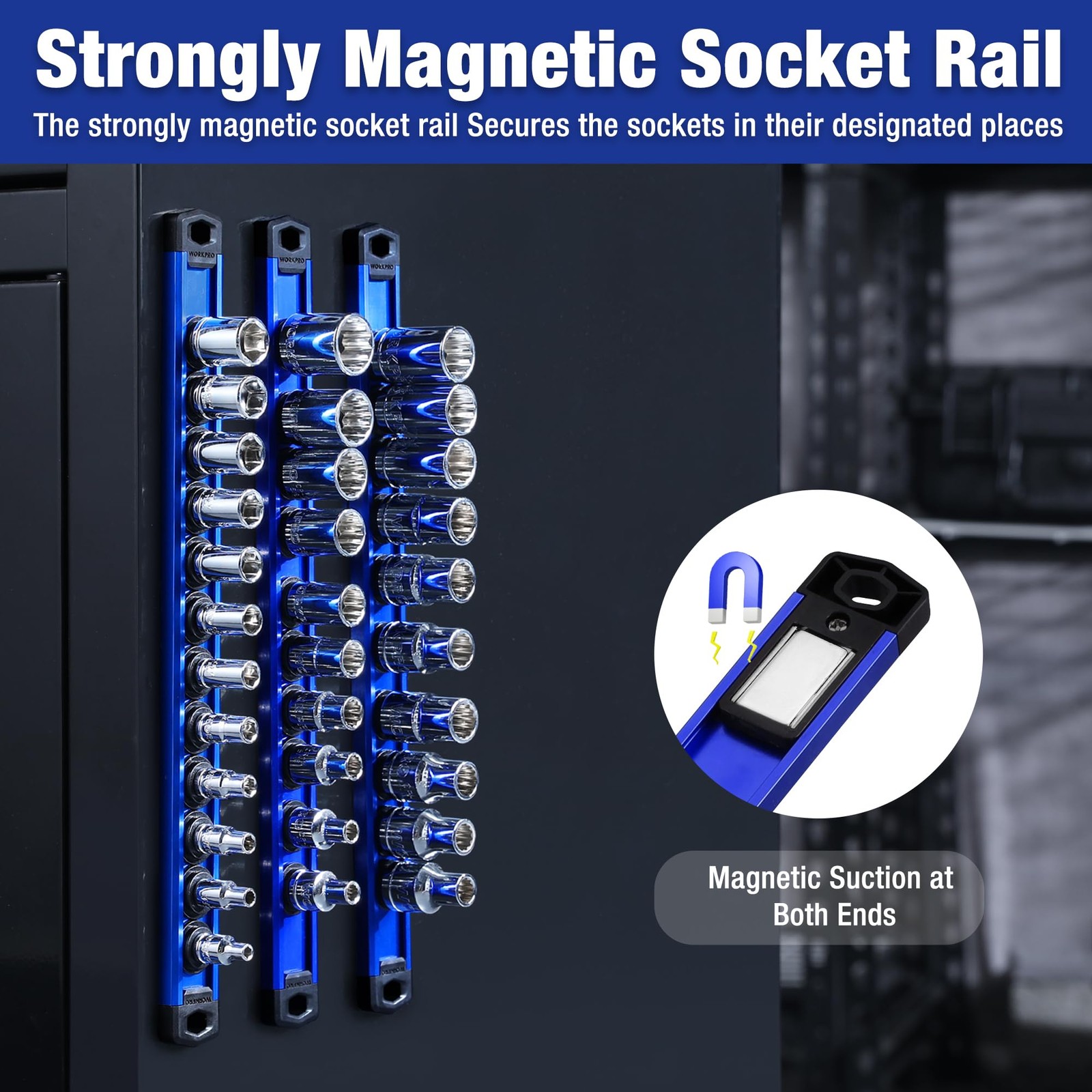 WORKPRO Magnetic Socket Organizer, 3/8-Inch Drive Aluminum 3/8″ DR, Blue