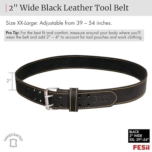 Leather Tool Belt 2 Inch Wide Top Grain Heavy Duty Double Prong Buckle
