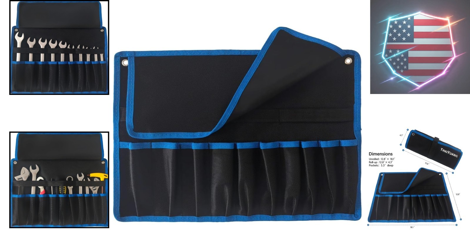 Compact Roll Up Wrench Organizer with 10 Pockets – Water-Resistant Black Fabric