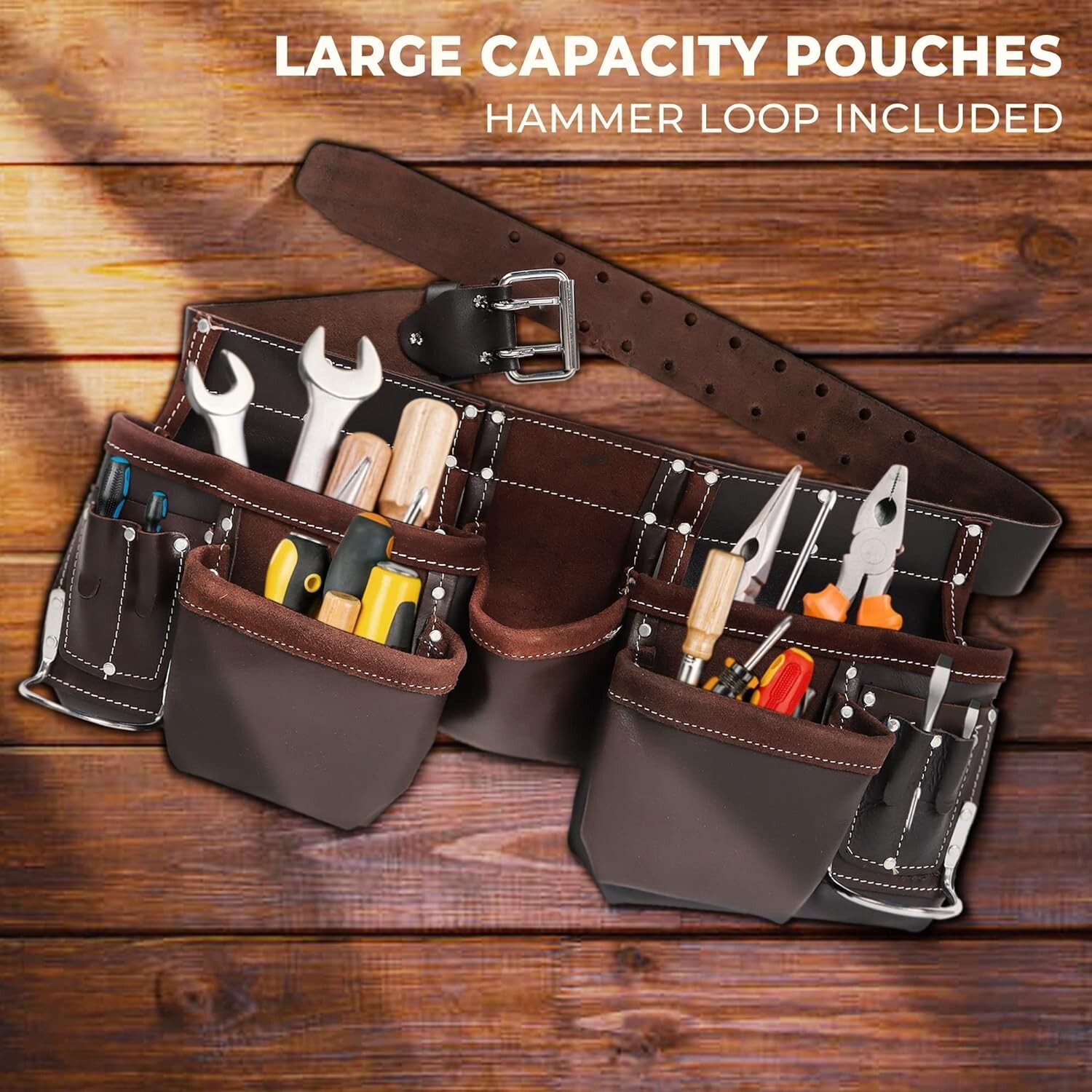 Leather Tool Belt 12-Pocket for Construction & Electrical Work Oil-Tanned