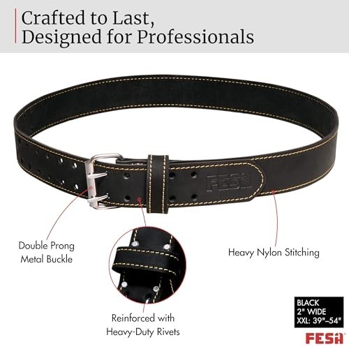 Leather Tool Belt 2 Inch Wide Top Grain Heavy Duty Double Prong Buckle