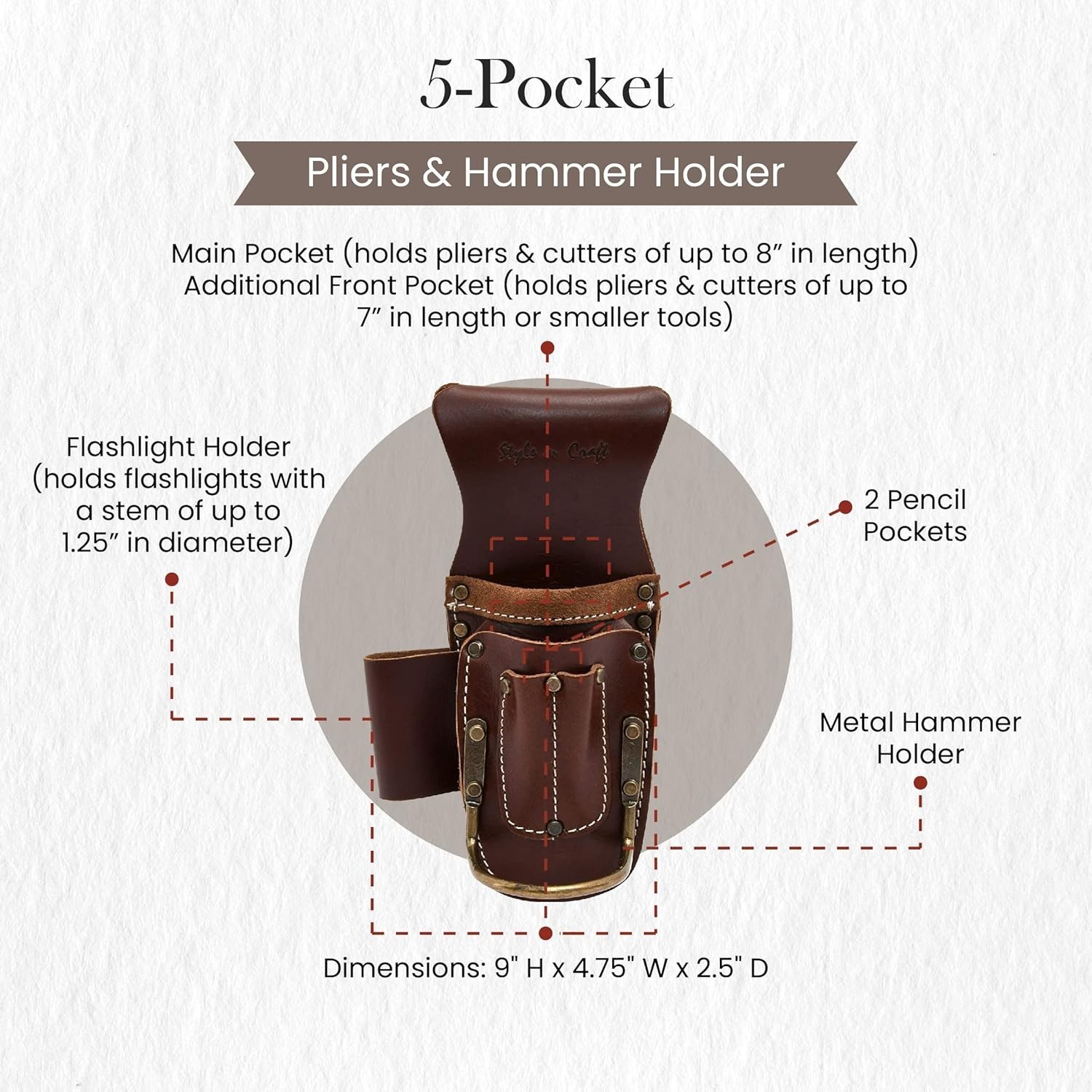 Carpenter’s Leather Tool Pouch 9×4.75in 6 Pockets Belt Clip Hammer Holder