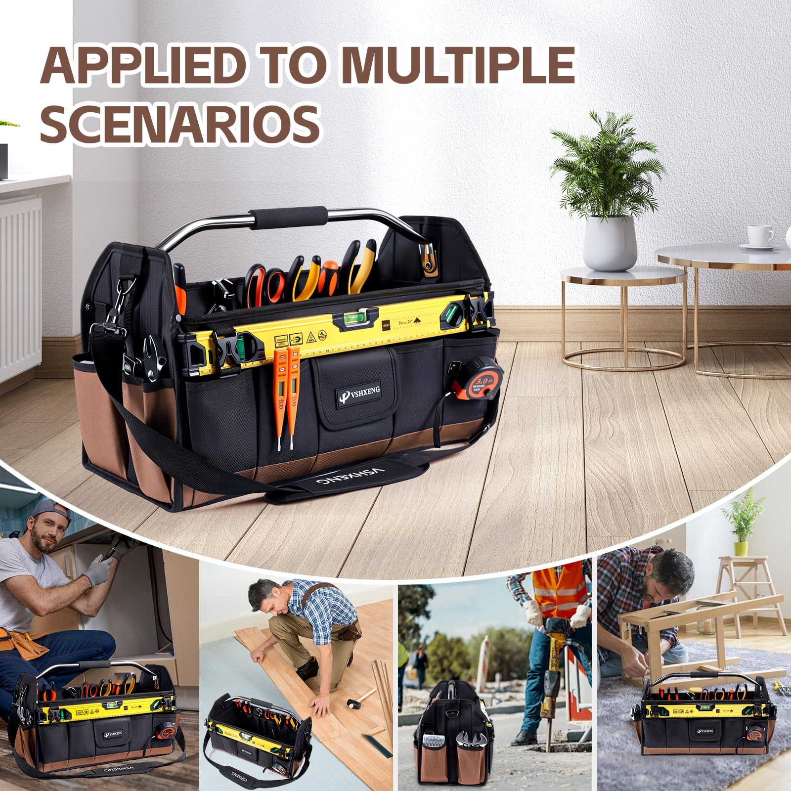 20 Inch Tool Bag Foldable 19 Pockets Organizer Open Top Tote Shoulder Strap