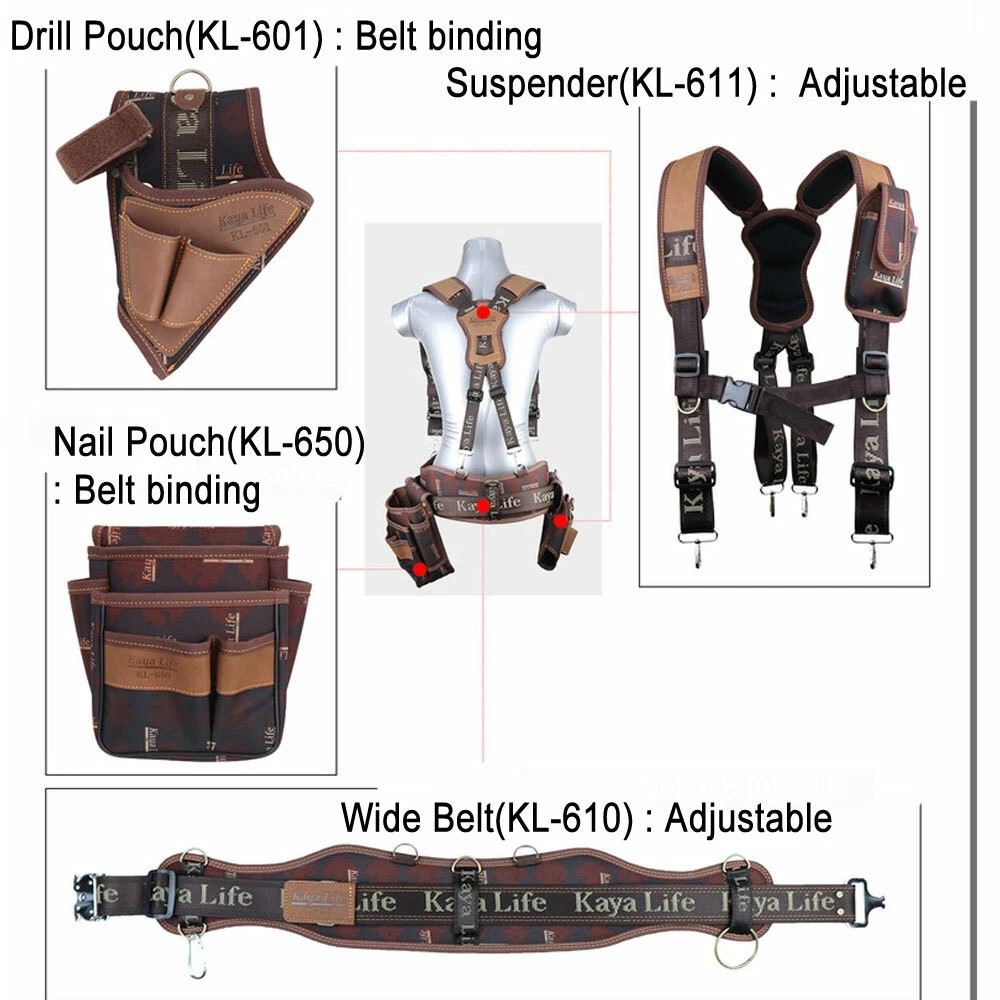 KAYALIFE KL-600 Work Tool Belt Set Suspenders Drill Pouch Holder New Fast Ship