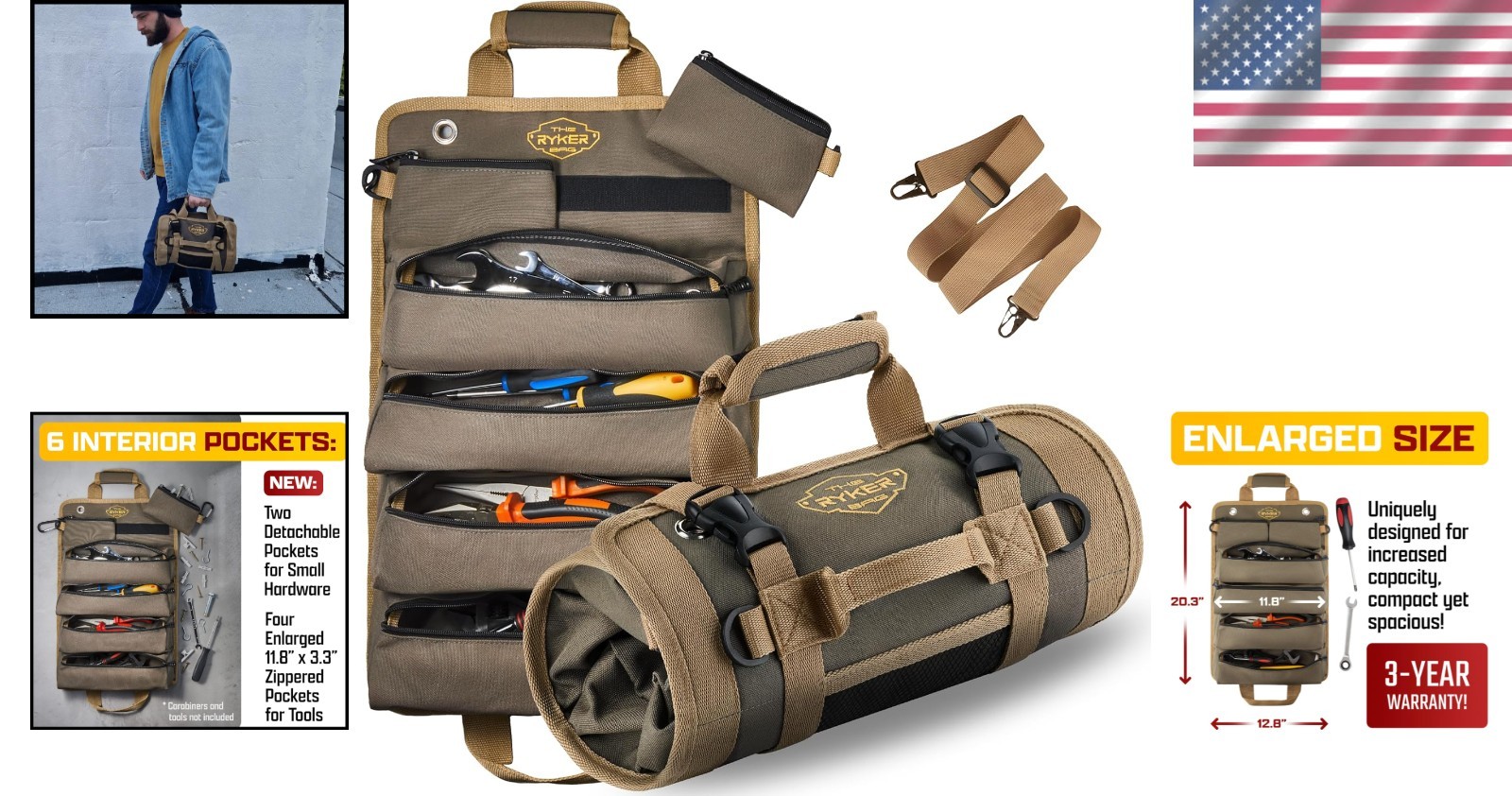 Portable Roll Tool Bag – Detachable Pouches – Gifts for Dad