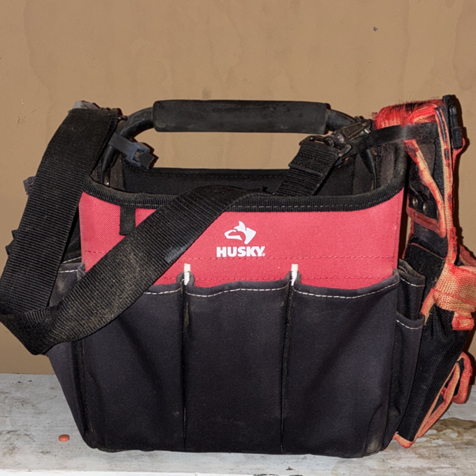 Husky Black and Red Fabric Tool Bag with Handle and Multiple Pockets