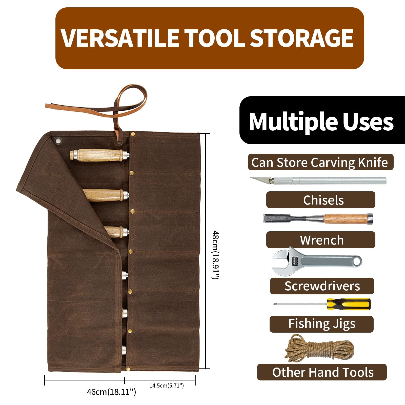 Chisel Roll,6 Pockets Roll Up Tool Pouch,Waxed 18.91″ L x 18.11″ H, brown