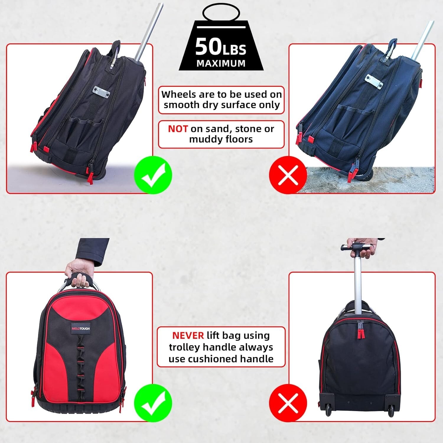 Multi-Functional Tool Backpack with Wheels & Laptop Compartment – Red & Black