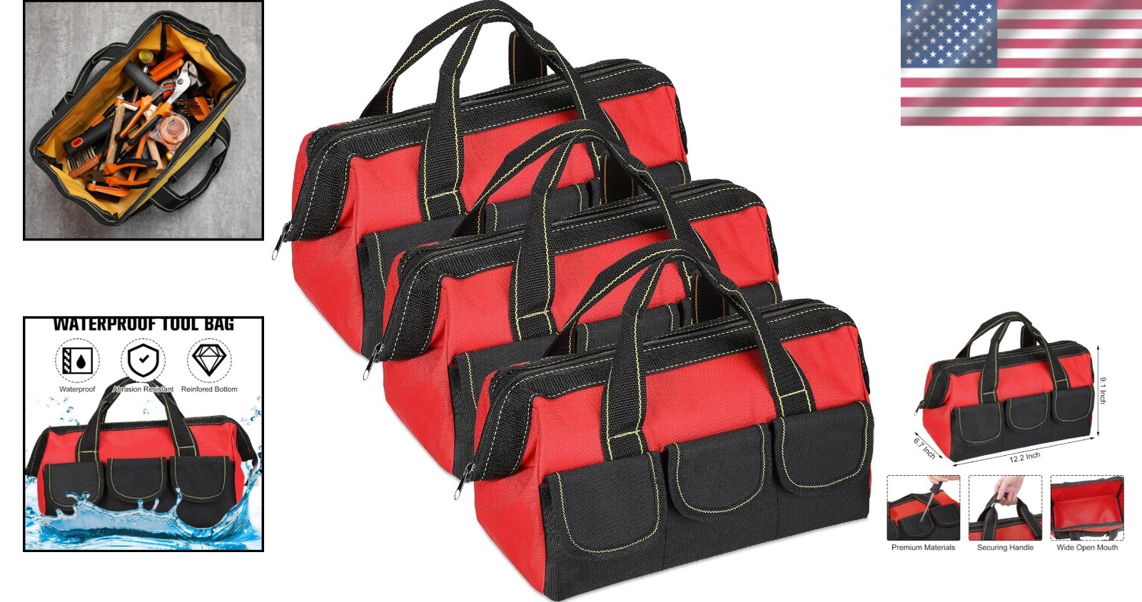 Heavy Duty Tool Tote Bag with Hard Bottom, 3 Pack