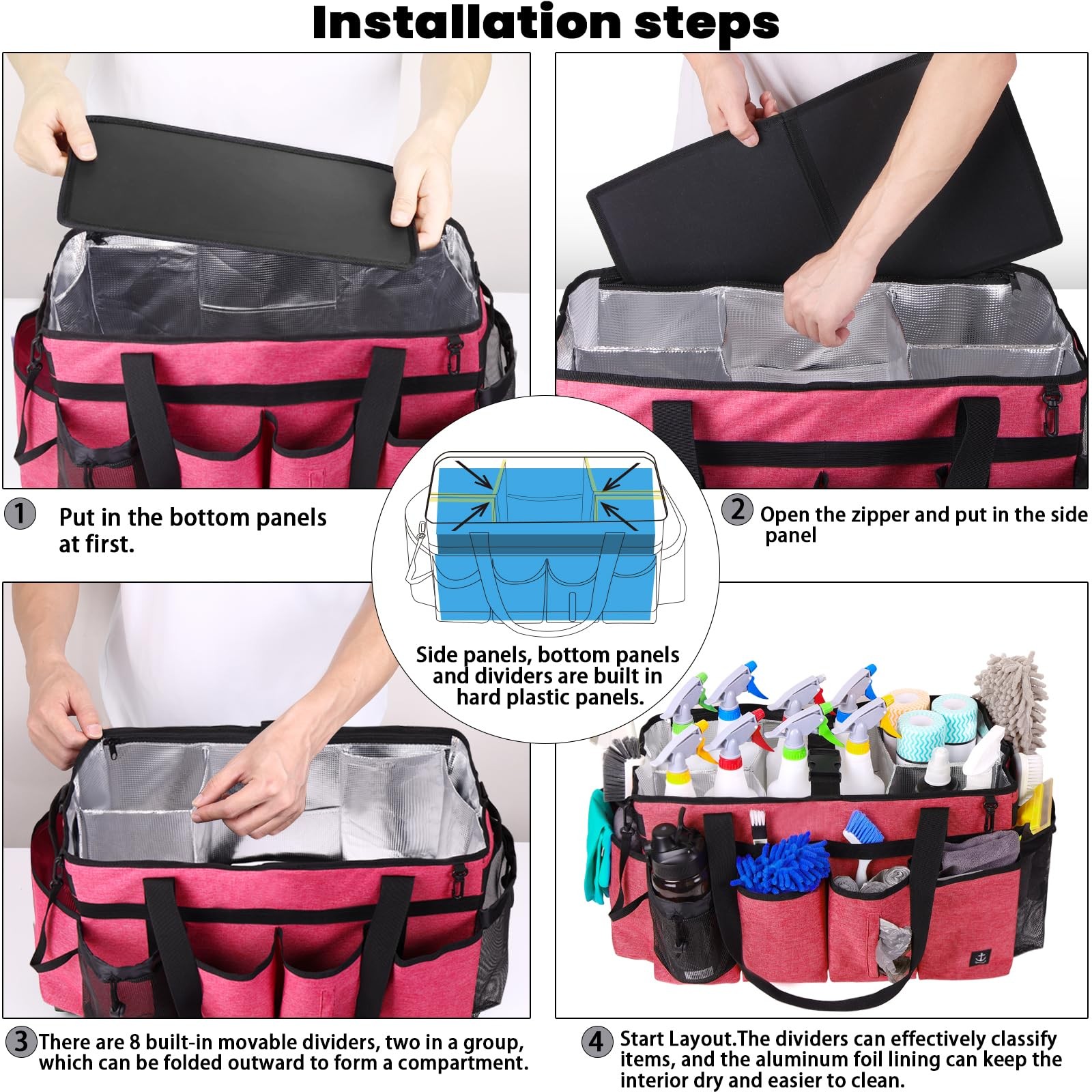 Timoxi Extra large Cleaning Caddy Bag Built-in 19» x 11» x 11», Pink