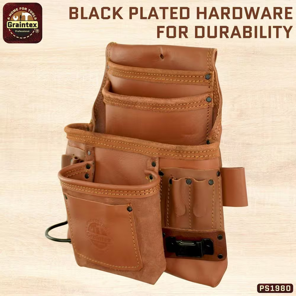 10-Pocket Nail and Tool Pouch Tan Color Industrial Grade Leather