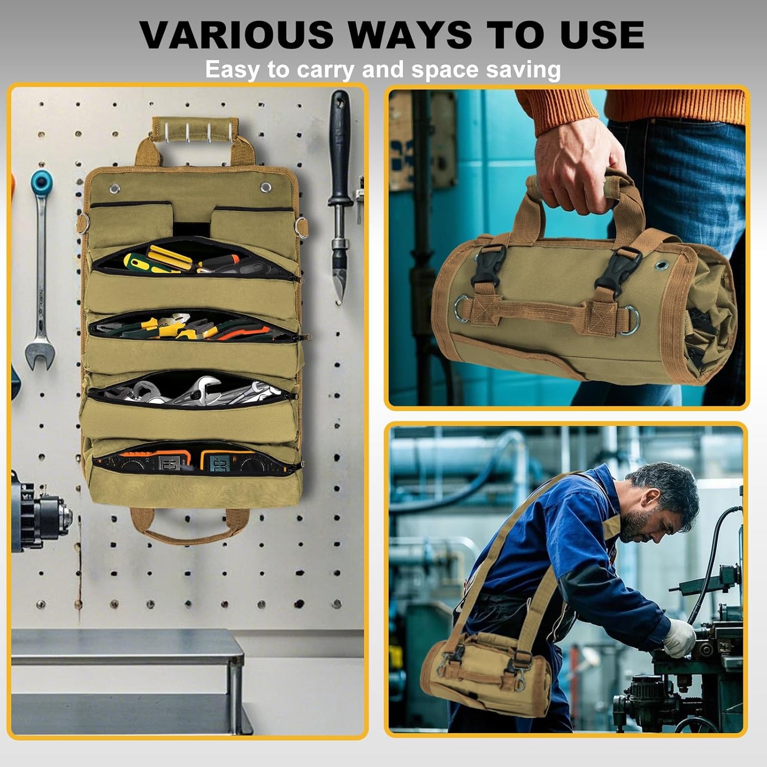 Roll Up Tool Bag Heavy Duty Tool Roll Up Bag 4 Pockets w/Detachable Tool Pouches