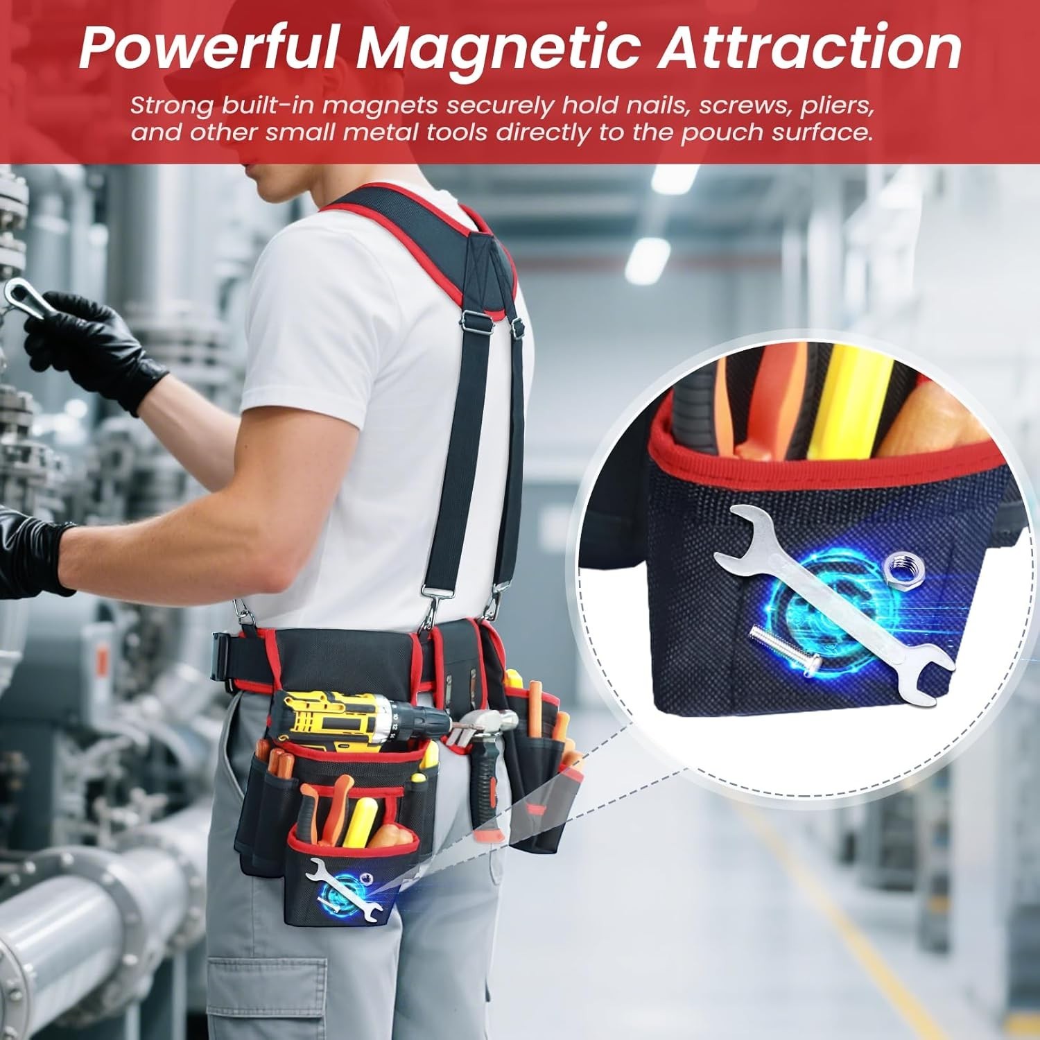 Tool Belt, Professional Tool Belts for Men, Magnetic Tool Pouch With Suspende…