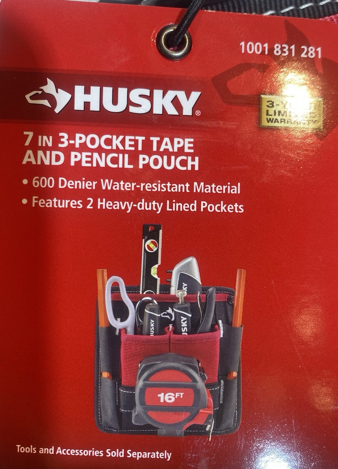 Husky Tool Belt Pouch 3 Pocket Clip On 7 in Water Resistant Heavy Duty Storage