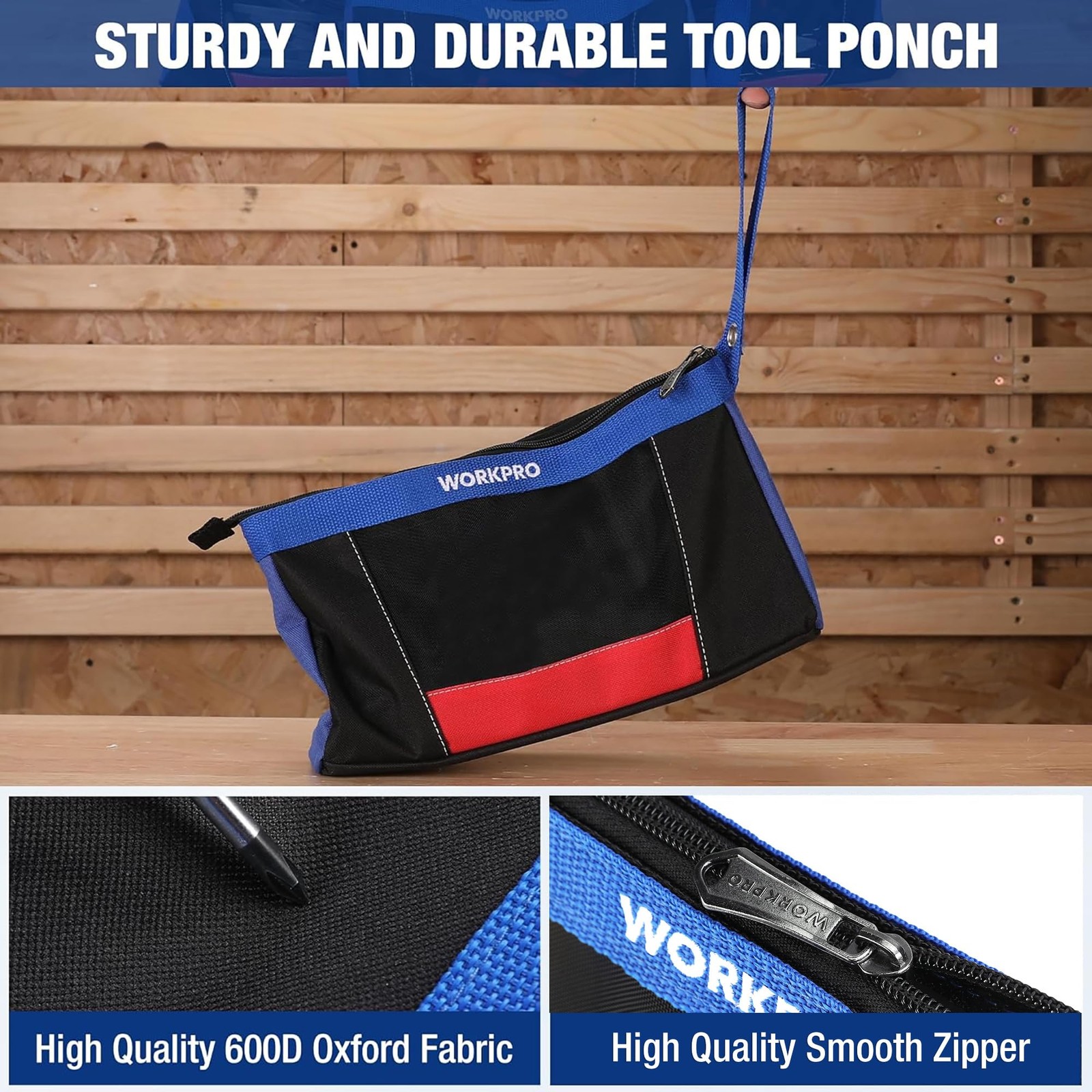 WORKPRO 12″ Tool Pouches with Zipper, Utility Bag 7 x 12 x 3 inches, Black