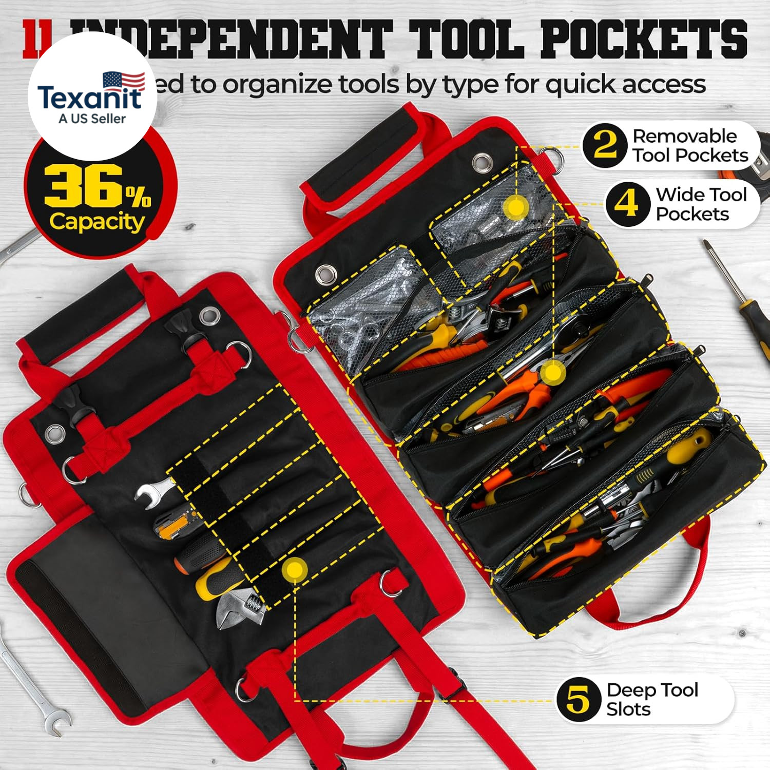 Roll up Tool Bag, Heavy Duty See-Through Tool Roll Organizer with 2 Detachable P