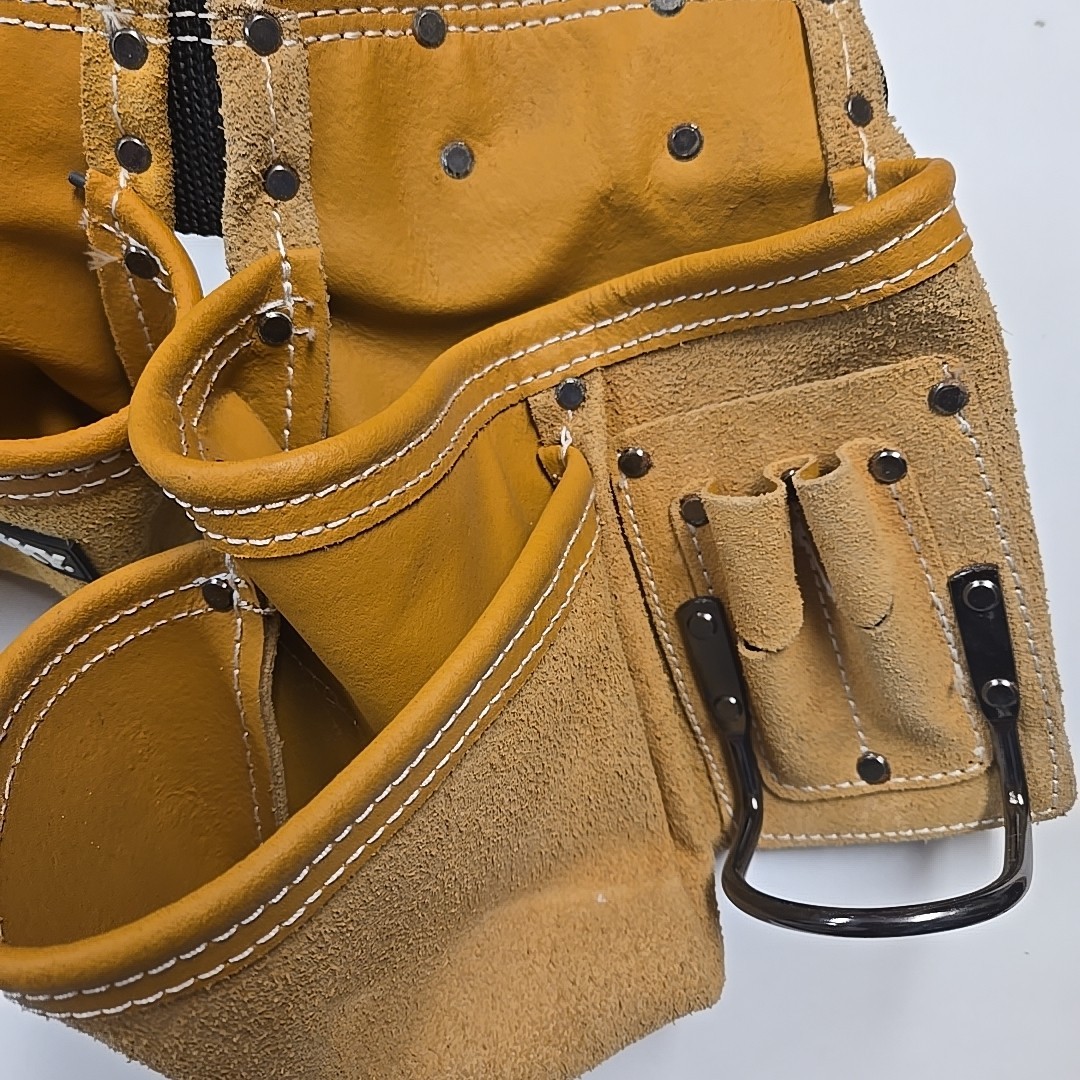 Husky Leather Tool Carpenter Belt Metal Hammer Holders 6 Pouches Pockets
