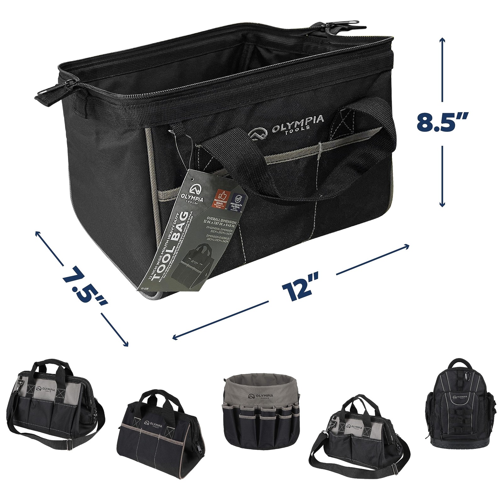 Bag 12 Inch Heavy Duty Tools Bag With 3 Large Pockets Adjustable Shouder Straps