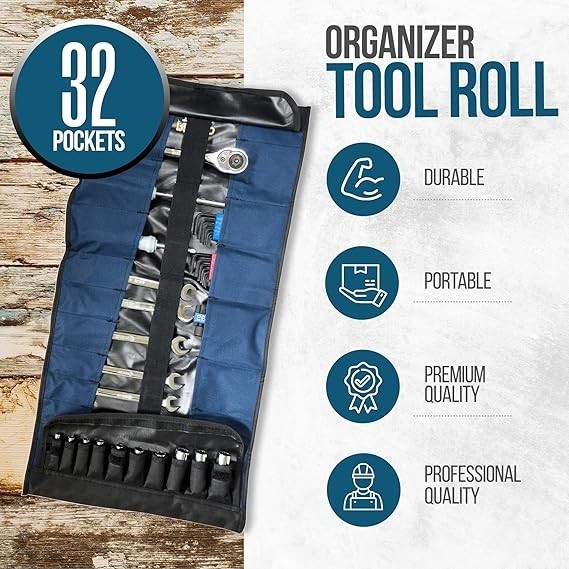 Organizador de herramientas enrollable de 32 bolsillos: incluye llave y bolsa