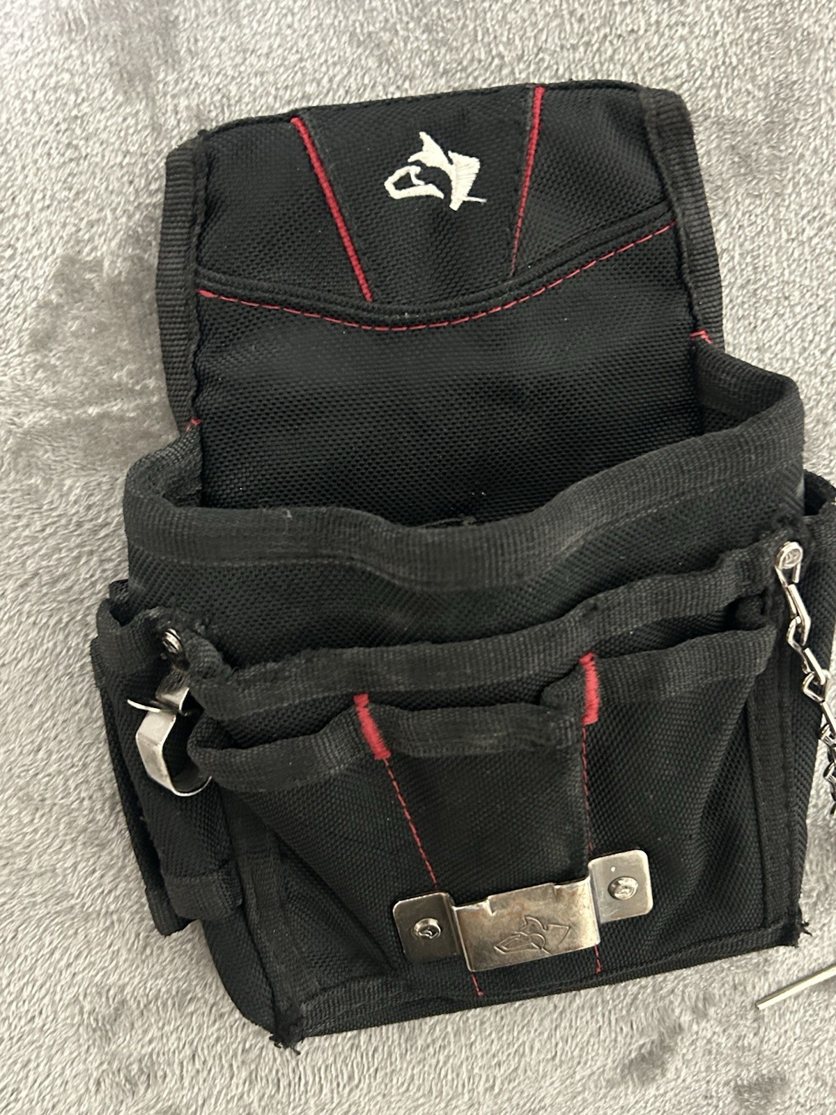 Black & Red Fabric Tool Belt Pouch with Belt Loop, Chain and Metal Clip
