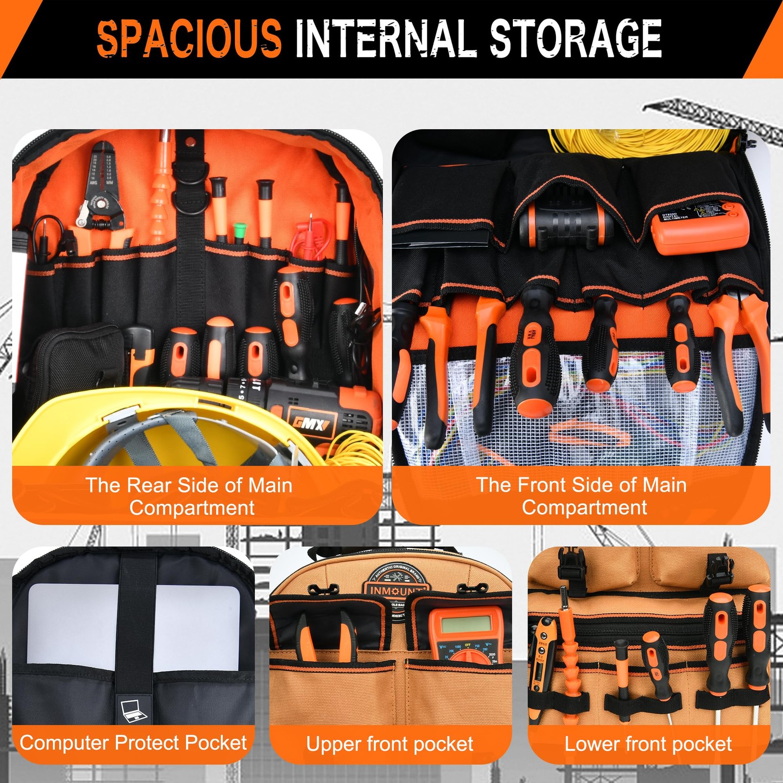 LOKASS Tool Backpack Heavy Duty with Molded Bottom, 1680D 56-Pocket Tool Bag …