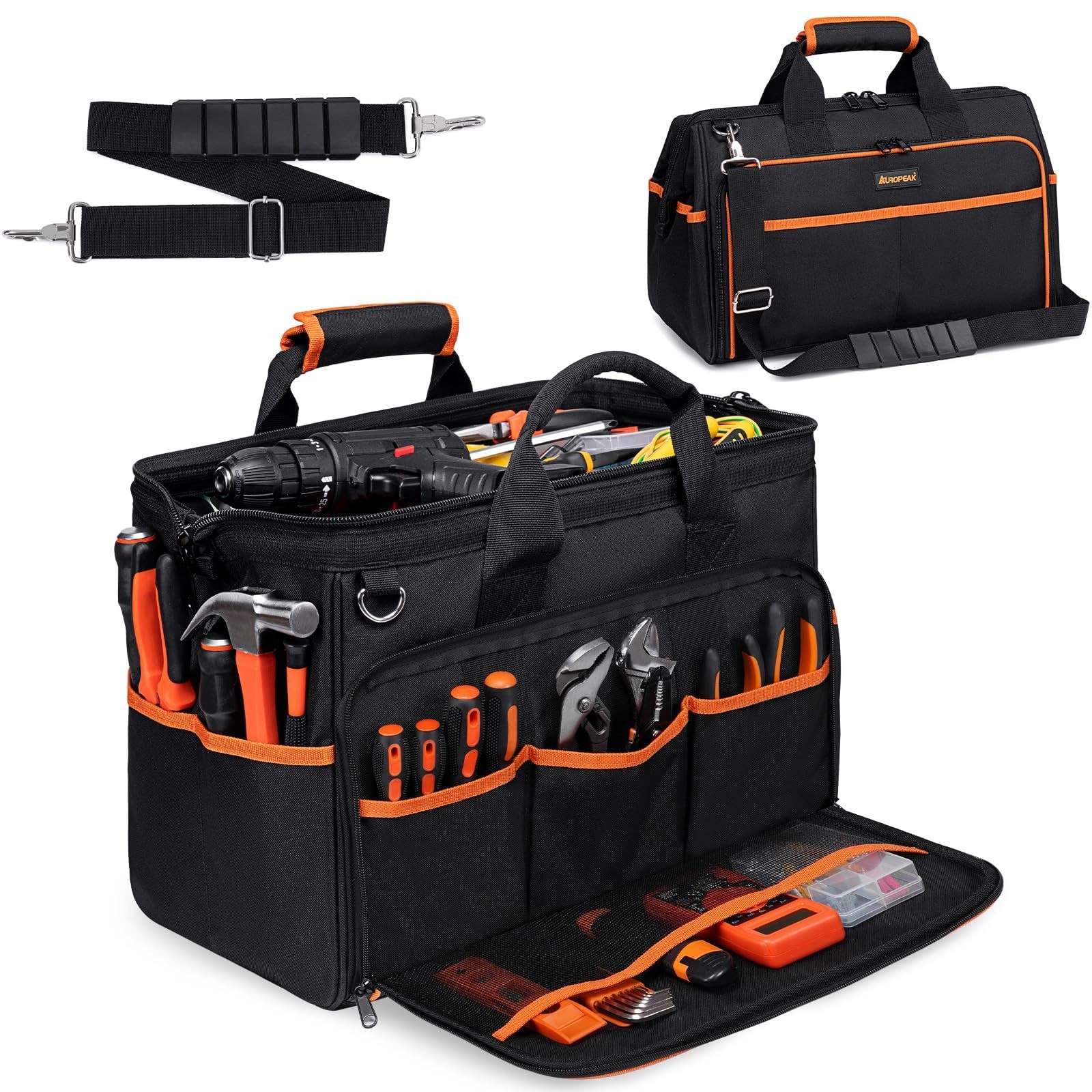 Heavy Duty Tool Bag 17.3-Inch, 26-Pocket Large Tool Bags for Men Women with