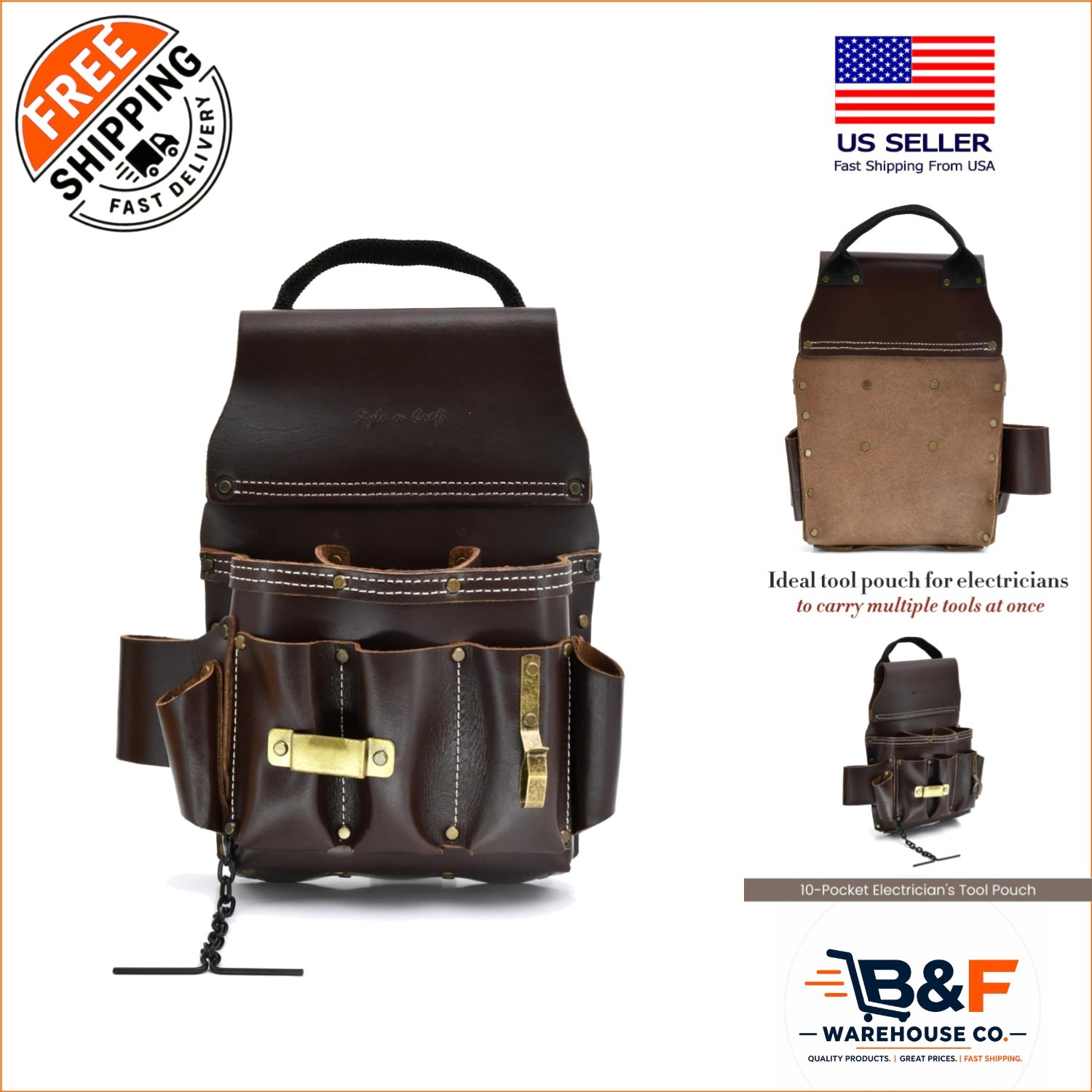 Durable Full-Grain Leather Tool Pouch with 10 Pockets for Electricians, Dark Tan