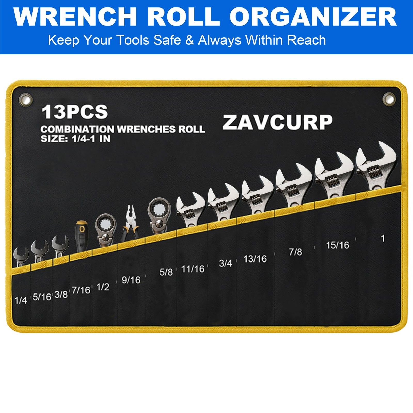 2PCS Wrench Roll Up Pouch, 12 Pockets Metric + 13 SAE, Black