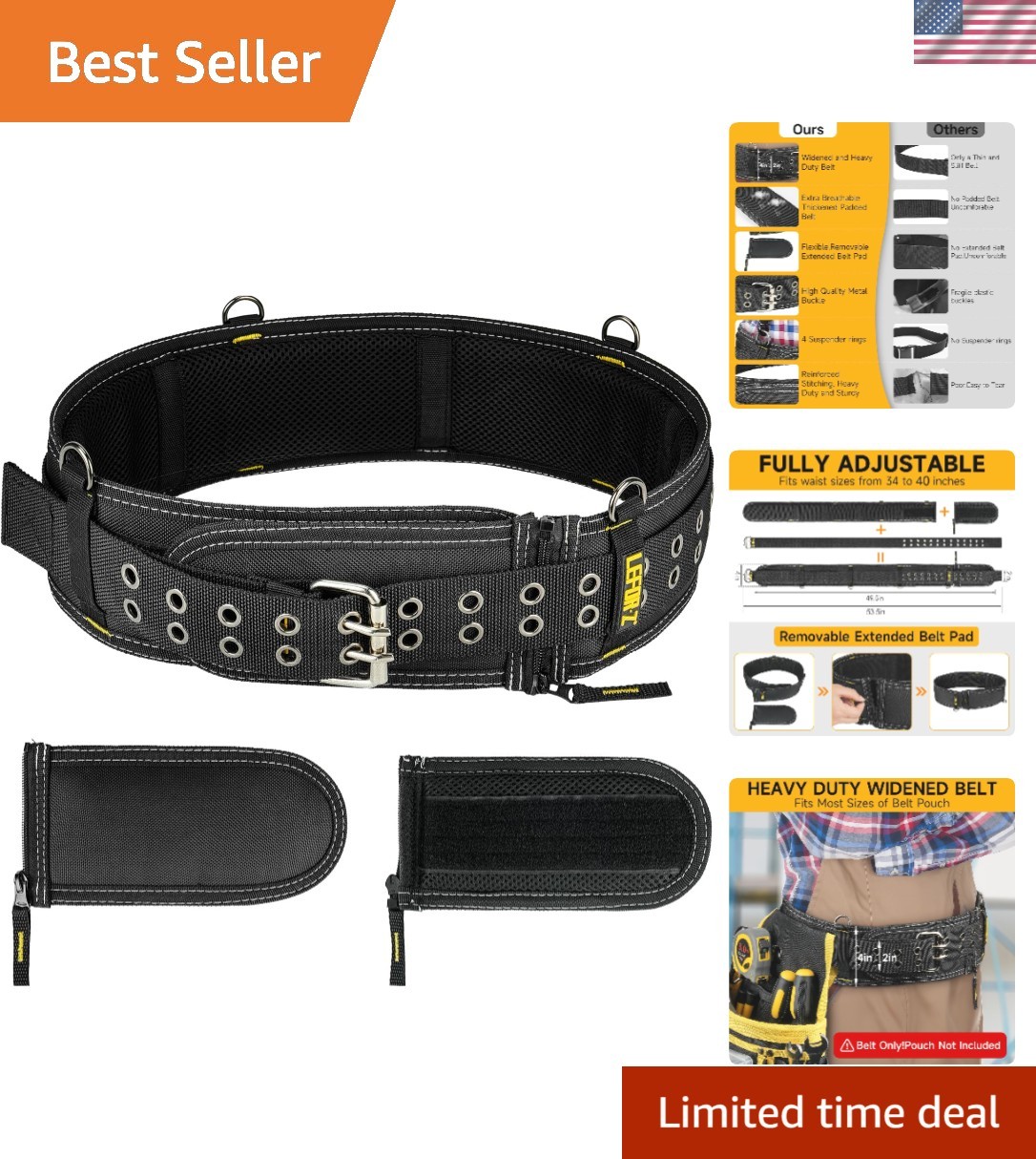 Padded Tool Belt,4-Inch Heavy Duty Tool Belts for Men with 4 Suspenders Ring,