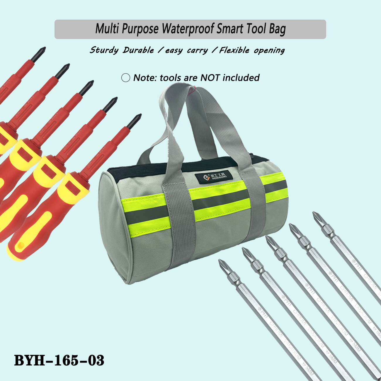 Heavy Duty Professional Tool Bag with Metal Zippers Wide Mouth Multi-Purpose Pro