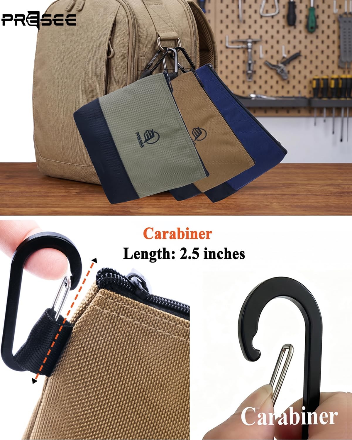 10.5 Inch Green Small Tool Pouch Zipper Bag Organizer 1680D Nylon Carabiner