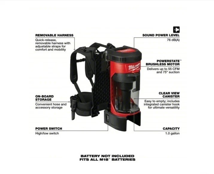 Milwaukee Tool 0885-20 M18 Fuel 3-In-1 Backpack Vacuum, 1 Gal Capacity,