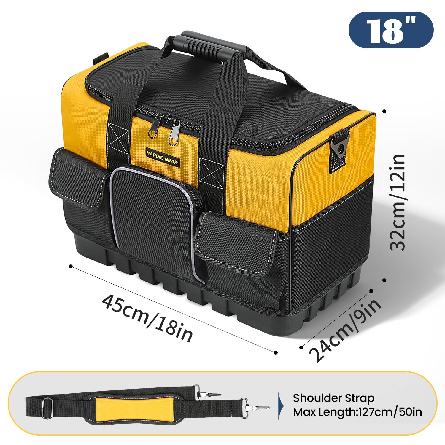Tool Bag, 18 Inch, Yellow and Black, Wide Mouth Opening, Multiple Pockets, Sh…