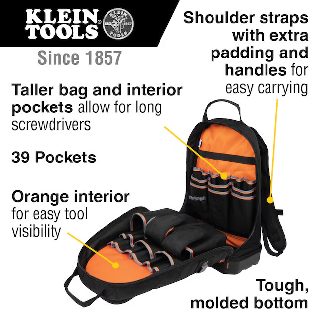 Klein Tools Tradesman Pro Backpack Tool Bag 39 Pockets 14″ Black (US STOCK)