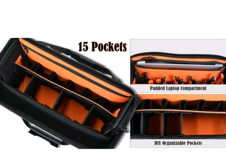 ✅ WELKINLAND 15-Pockets Electrician Tool Box Bag, Large – Open Black Orange ✅