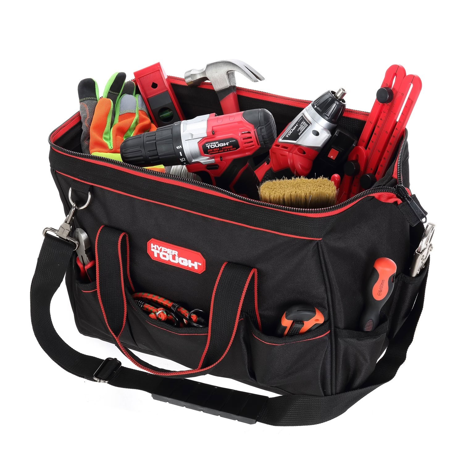 Hyper Tough 15 Inch Large Mouth Tool Bag Multi Pocket Construction Storage Tote