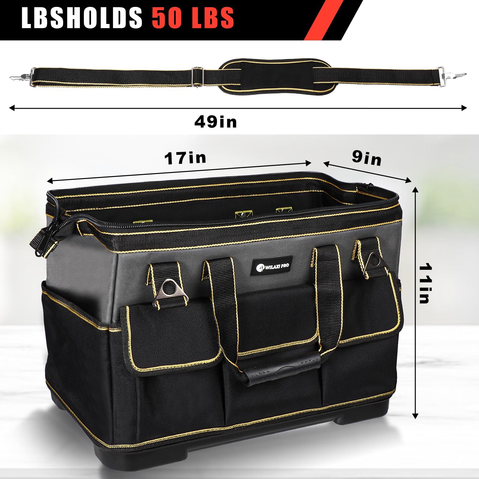 17 inch Tool Bag with Waterproof Molded Base High Capacity Wide Mouth Tote