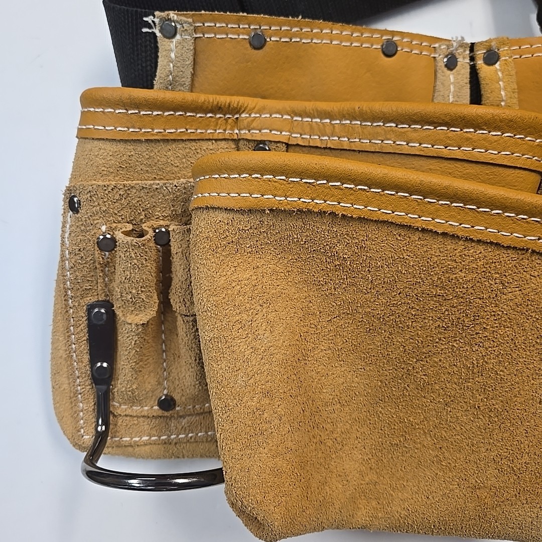 Husky Leather Tool Carpenter Belt Metal Hammer Holders 6 Pouches Pockets