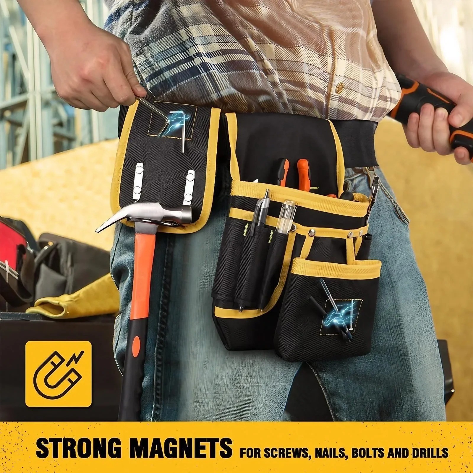 Adjustable Men’s 26 Pockets Tool Belt Magnetic Holder Sturdy Waist Pouch for AA