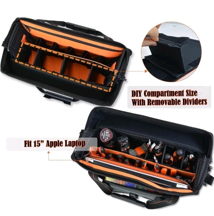 ✅ WELKINLAND 15-Pockets Electrician Tool Box Bag, Large – Open Black Orange ✅