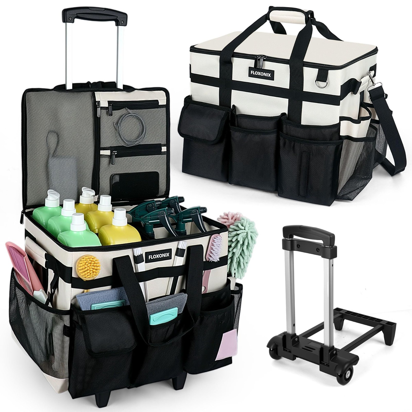 Large Rolling Cleaning Caddy with Wheels, Detachable Trolley, Organizer Bag for