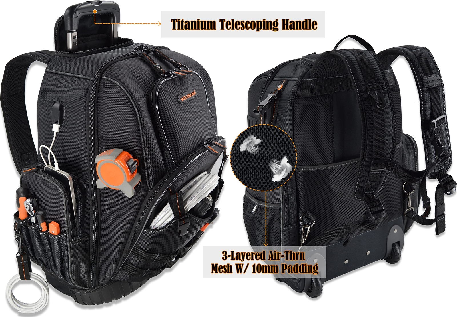 72pockets Rolling Tool Backpack Large Tool Bag With Wheels Rolling Electrician B