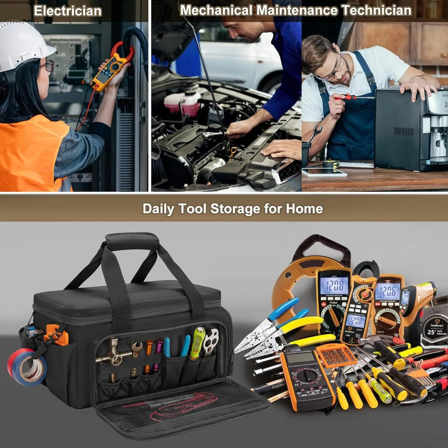 14 Inch Heavy Duty Tool Bag Portable Work Organizer Non Slip Base Storage